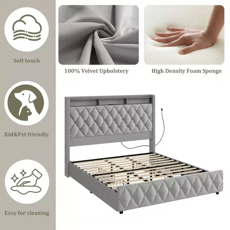 Base de cama de plataforma tapizada suave con 4 cajones de almacenamiento - Cabecero alto - Sin ruido - Fácil montaje - No se necesita somier