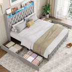 Base de cama de plataforma tapizada suave con 4 cajones de almacenamiento - Cabecero alto - Sin ruido - Fácil montaje - No se necesita somier