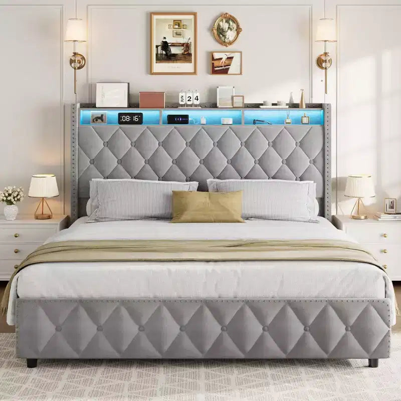 Base de cama de plataforma tapizada suave con 4 cajones de almacenamiento - Cabecero alto - Sin ruido - Fácil montaje - No se necesita somier