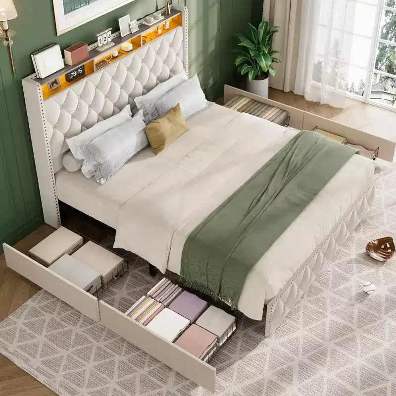 Base de cama de plataforma tapizada suave con 4 cajones de almacenamiento - Cabecero alto - Sin ruido - Fácil montaje - No se necesita somier