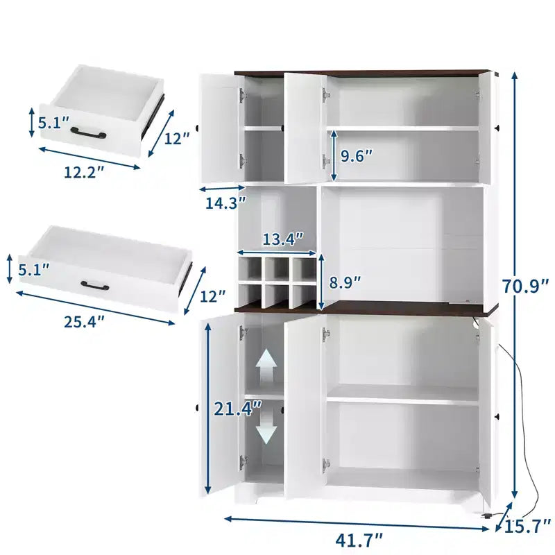Mueble de despensa de cocina blanco de 71 pulgadas de alto, alacena de cocina moderna estilo casa de campo, estación de café independiente con almacenamiento