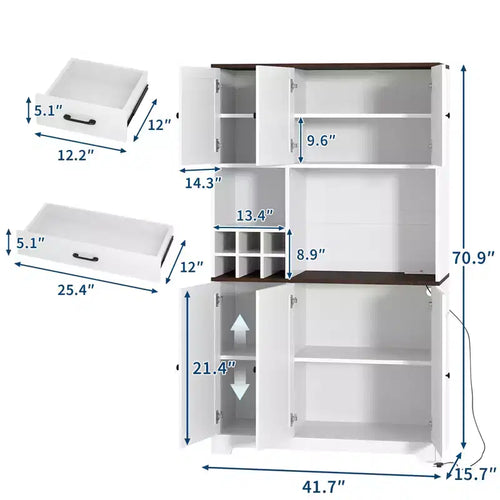Mueble de despensa de cocina blanco de 71 pulgadas de alto, alacena de cocina moderna estilo casa de campo, estación de café independiente con almacenamiento
