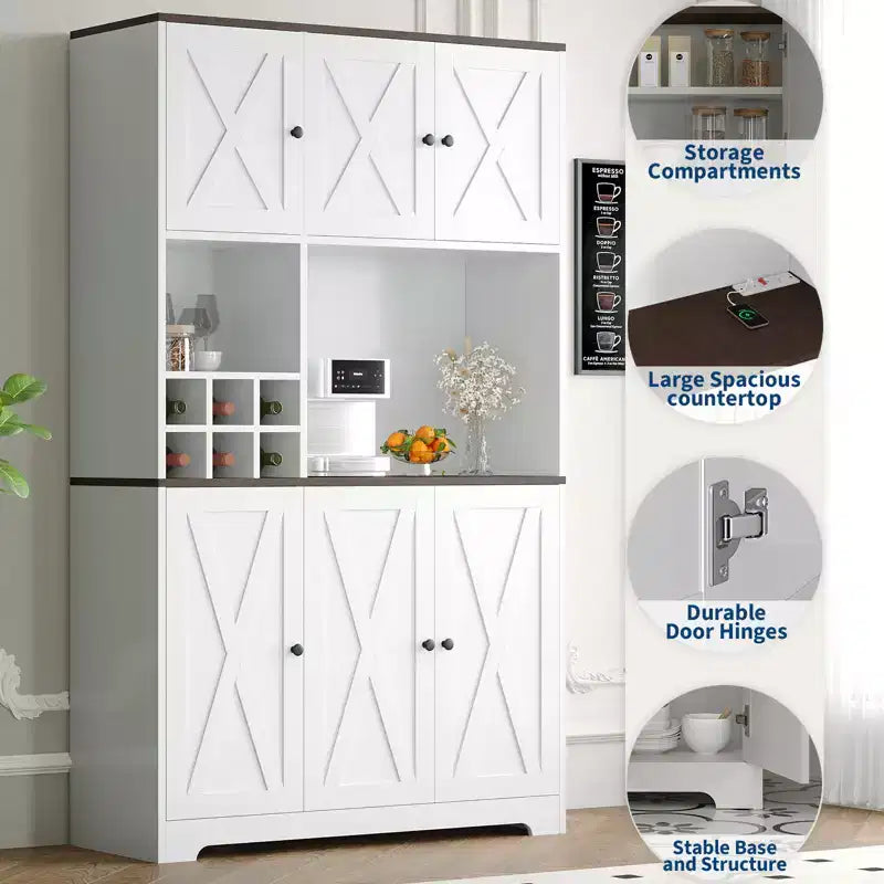 Mueble de despensa de cocina blanco de 71 pulgadas de alto, alacena de cocina moderna estilo casa de campo, estación de café independiente con almacenamiento