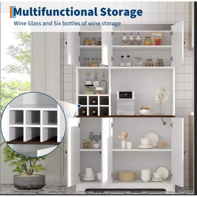 Mueble de despensa de cocina blanco de 71 pulgadas de alto, alacena de cocina moderna estilo casa de campo, estación de café independiente con almacenamiento