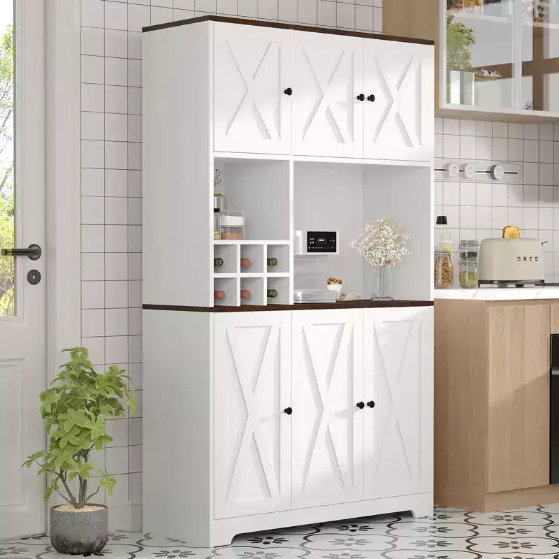 Mueble de despensa de cocina blanco de 71 pulgadas de alto, alacena de cocina moderna estilo casa de campo, estación de café independiente con almacenamiento