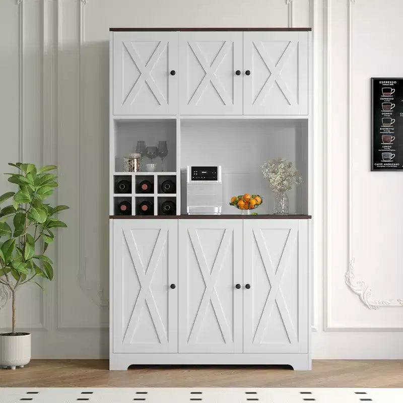 Mueble de despensa de cocina blanco de 71 pulgadas de alto, alacena de cocina moderna estilo casa de campo, estación de café independiente con almacenamiento