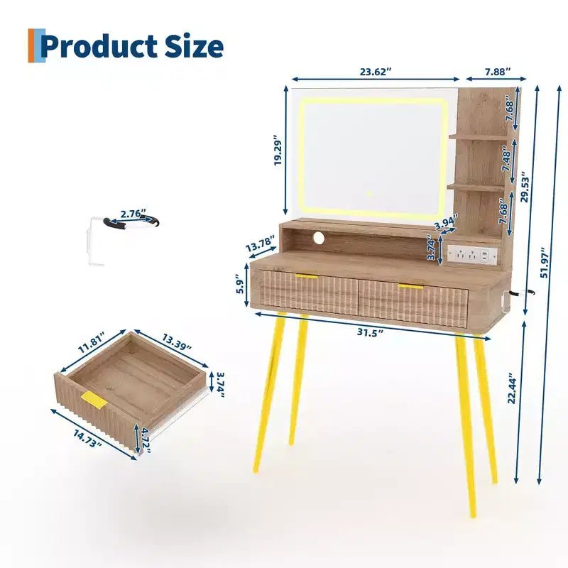 Tocador de maquillaje LED de 31.5 pulgadas con espejo y 2 cajones para almacenamiento y organización de dormitorio
