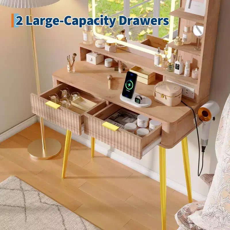 Tocador de maquillaje LED de 31.5 pulgadas con espejo y 2 cajones para almacenamiento y organización de dormitorio