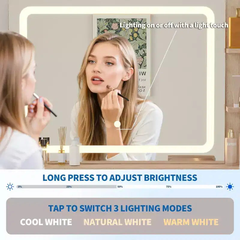 Tocador de maquillaje LED de 31.5 pulgadas con espejo y 2 cajones para almacenamiento y organización de dormitorio