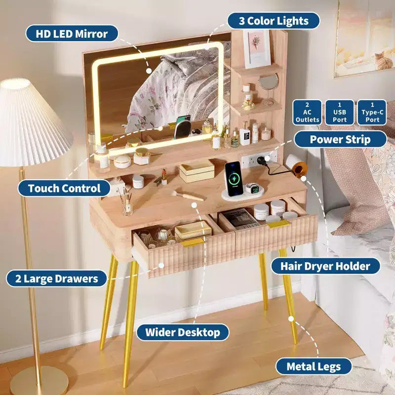 Tocador de maquillaje LED de 31.5 pulgadas con espejo y 2 cajones para almacenamiento y organización de dormitorio