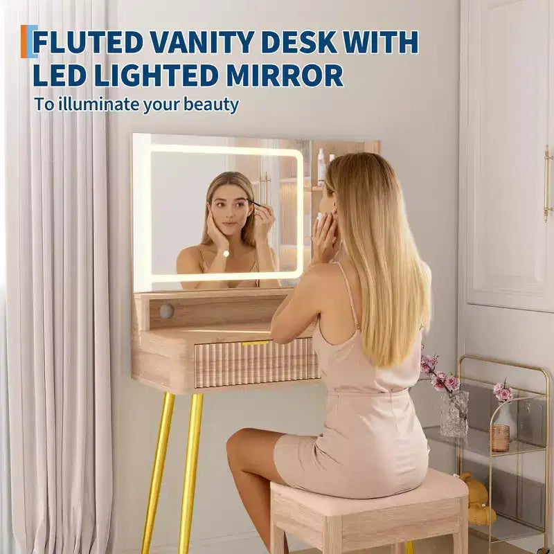 Tocador de maquillaje LED de 31.5 pulgadas con espejo y 2 cajones para almacenamiento y organización de dormitorio