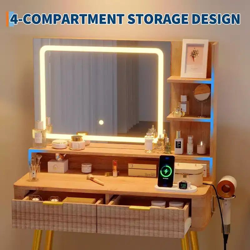 Tocador de maquillaje LED de 31.5 pulgadas con espejo y 2 cajones para almacenamiento y organización de dormitorio