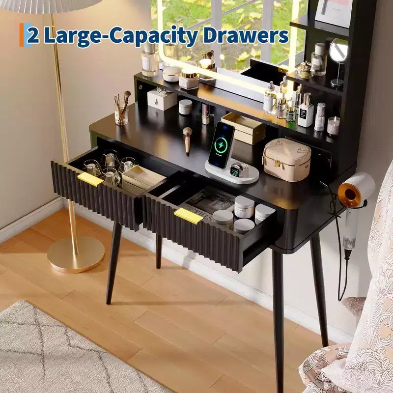 Tocador de maquillaje LED de 31.5 pulgadas con espejo y 2 cajones para almacenamiento y organización de dormitorio