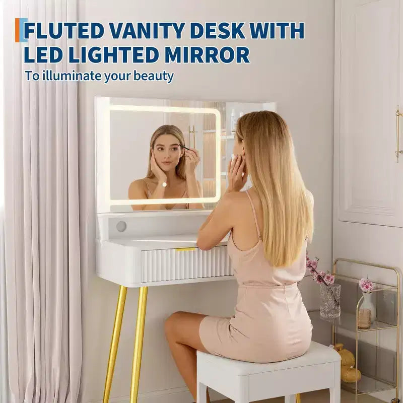 Tocador de maquillaje LED de 31.5 pulgadas con espejo y 2 cajones para almacenamiento y organización de dormitorio