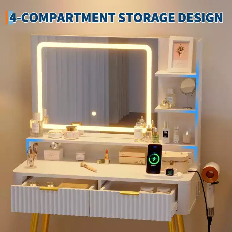 Tocador de maquillaje LED de 31.5 pulgadas con espejo y 2 cajones para almacenamiento y organización de dormitorio