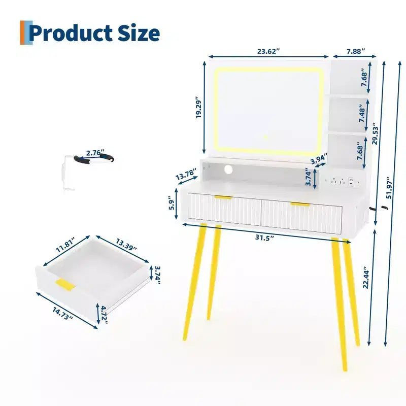 Tocador de maquillaje LED de 31.5 pulgadas con espejo y 2 cajones para almacenamiento y organización de dormitorio