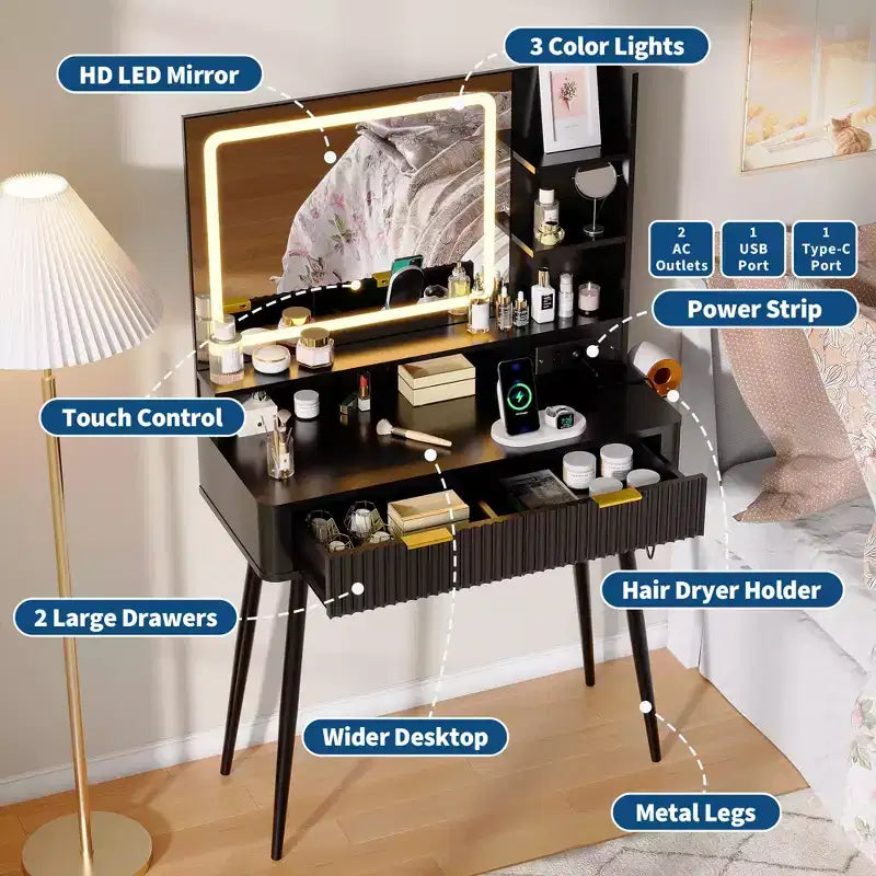 Tocador de maquillaje LED de 31.5 pulgadas con espejo y 2 cajones para almacenamiento y organización de dormitorio