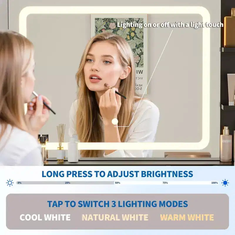 Tocador de maquillaje LED de 31.5 pulgadas con espejo y 2 cajones para almacenamiento y organización de dormitorio