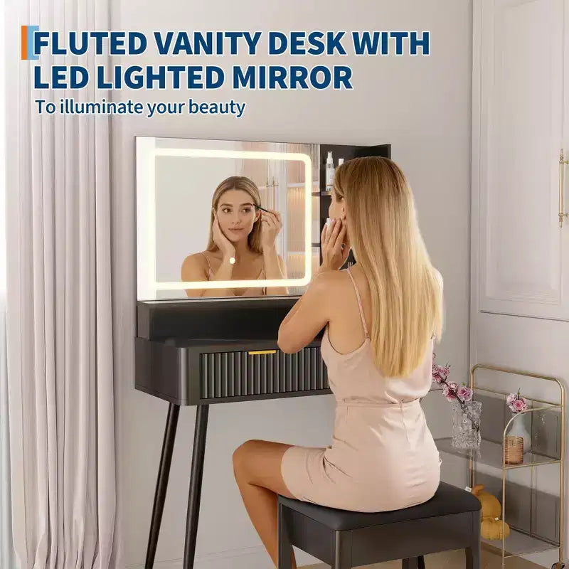 Tocador de maquillaje LED de 31.5 pulgadas con espejo y 2 cajones para almacenamiento y organización de dormitorio