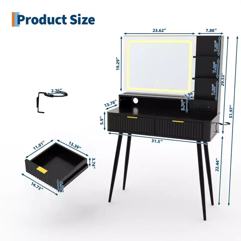 Tocador de maquillaje LED de 31.5 pulgadas con espejo y 2 cajones para almacenamiento y organización de dormitorio