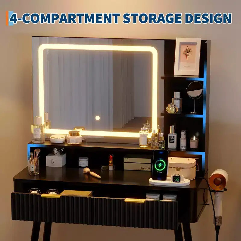 Tocador de maquillaje LED de 31.5 pulgadas con espejo y 2 cajones para almacenamiento y organización de dormitorio