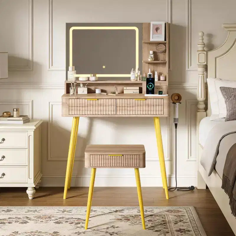 Tocador de maquillaje LED de 31.5 pulgadas con espejo y 2 cajones para almacenamiento y organización de dormitorio