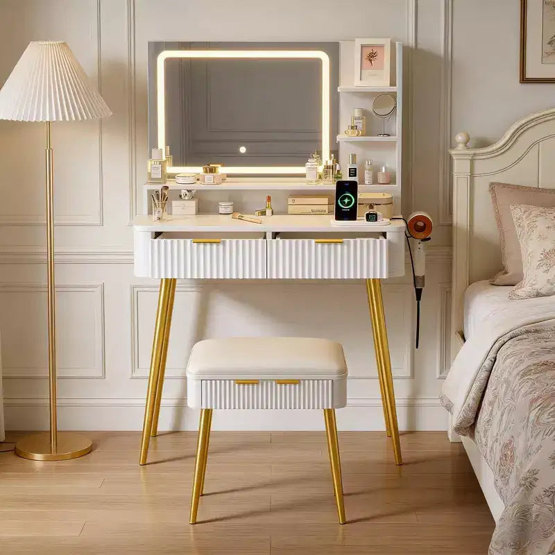 Tocador de maquillaje LED de 31.5 pulgadas con espejo y 2 cajones para almacenamiento y organización de dormitorio