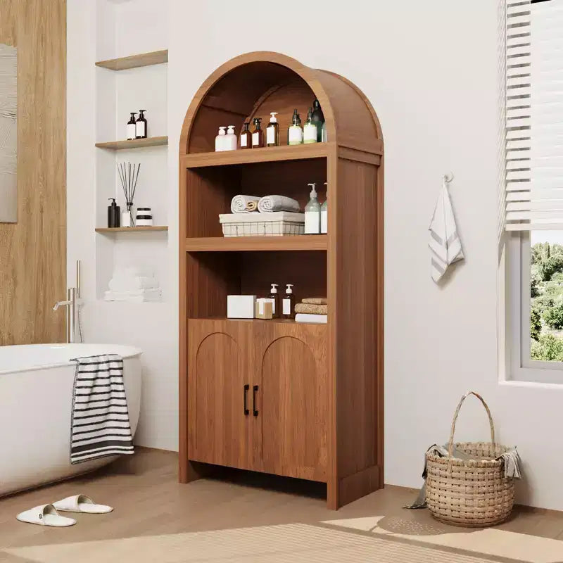 Mueble archivador alto arqueado de 180 cm con estantes abiertos y puertas, estantería moderna de 5 niveles para comedor, cocina o sala de estar - Marrón