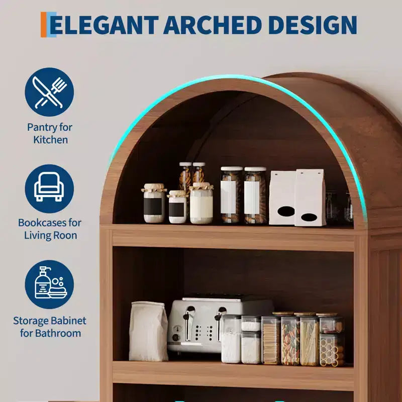 Mueble archivador alto arqueado de 180 cm con estantes abiertos y puertas, estantería moderna de 5 niveles para comedor, cocina o sala de estar - Marrón