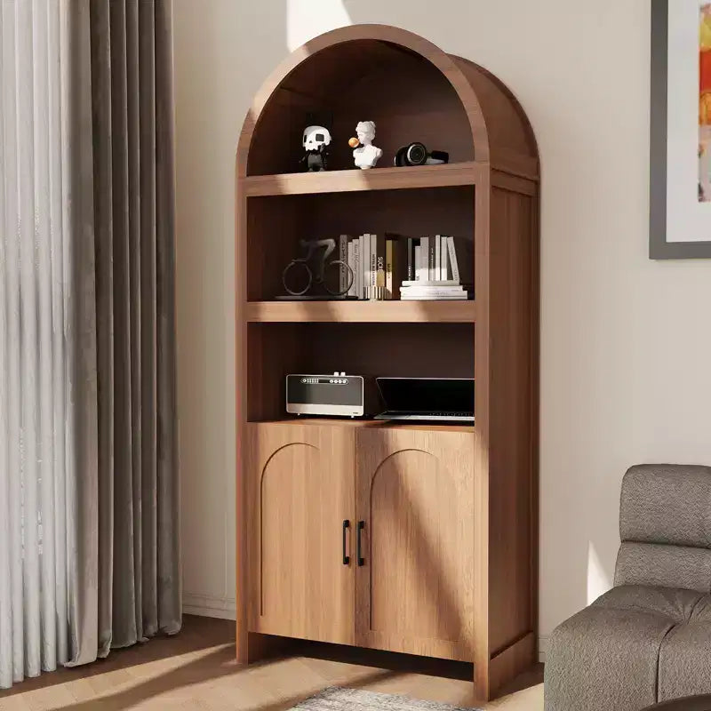 Mueble archivador alto arqueado de 180 cm con estantes abiertos y puertas, estantería moderna de 5 niveles para comedor, cocina o sala de estar - Marrón
