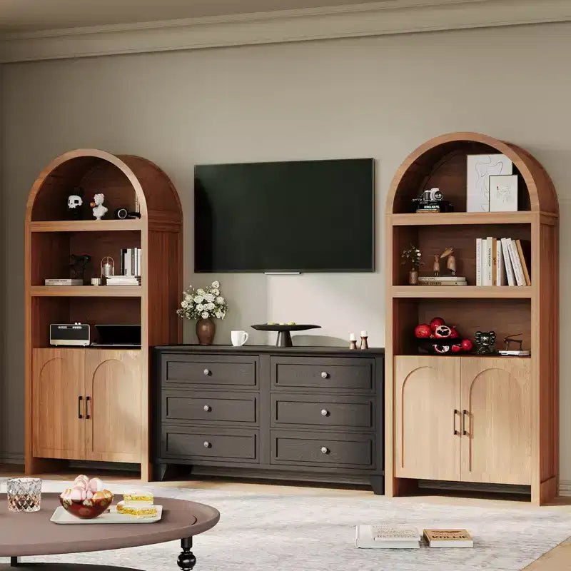Mueble archivador alto arqueado de 180 cm con estantes abiertos y puertas, estantería moderna de 5 niveles para comedor, cocina o sala de estar - Marrón
