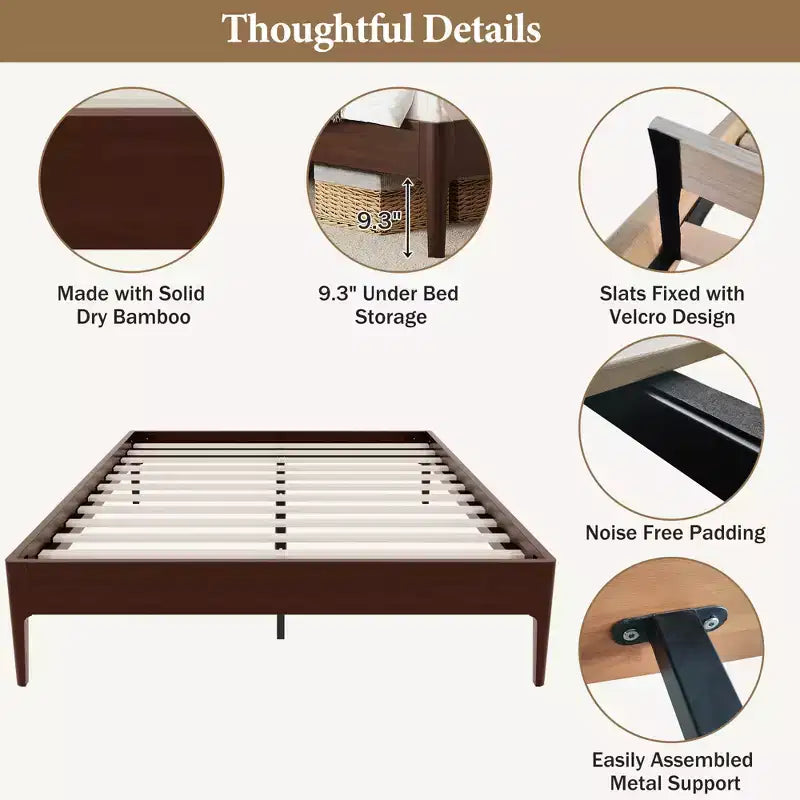Base de Cama de Plataforma de Bambú Sólido Polibi con Soporte Central de Metal y Almacenamiento Debajo de la Cama