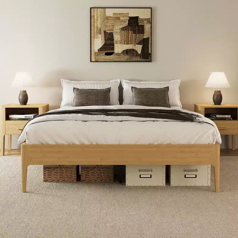 Base de Cama de Plataforma de Bambú Sólido Polibi con Soporte Central de Metal y Almacenamiento Debajo de la Cama