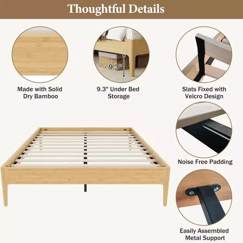 Base de Cama de Plataforma de Bambú Sólido Polibi con Soporte Central de Metal y Almacenamiento Debajo de la Cama