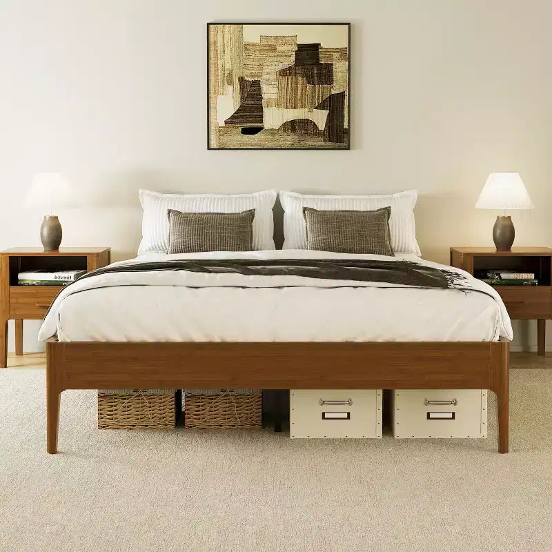 Base de Cama de Plataforma de Bambú Sólido Polibi con Soporte Central de Metal y Almacenamiento Debajo de la Cama