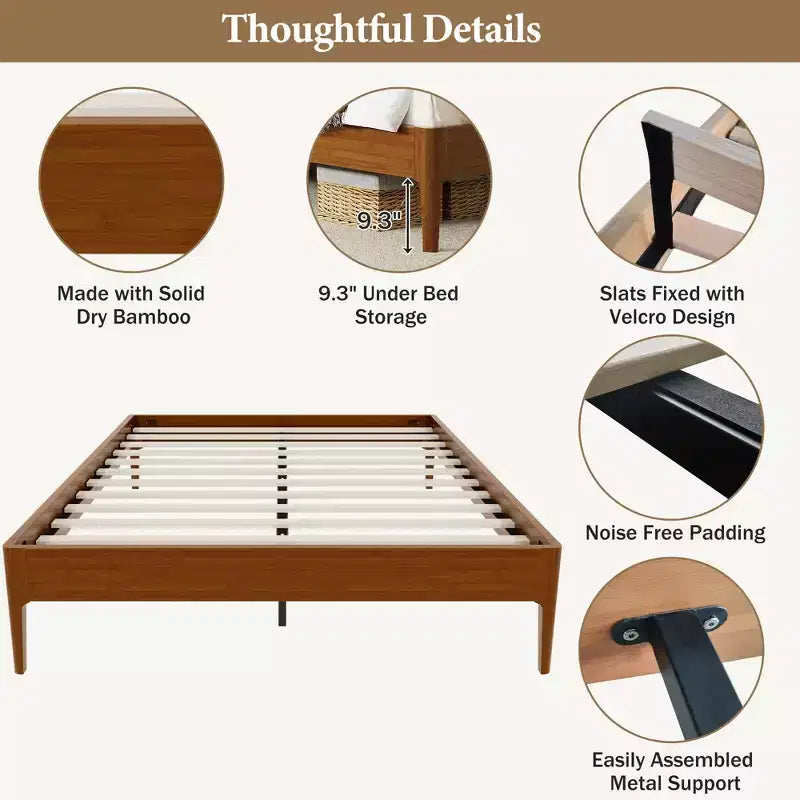 Base de Cama de Plataforma de Bambú Sólido Polibi con Soporte Central de Metal y Almacenamiento Debajo de la Cama
