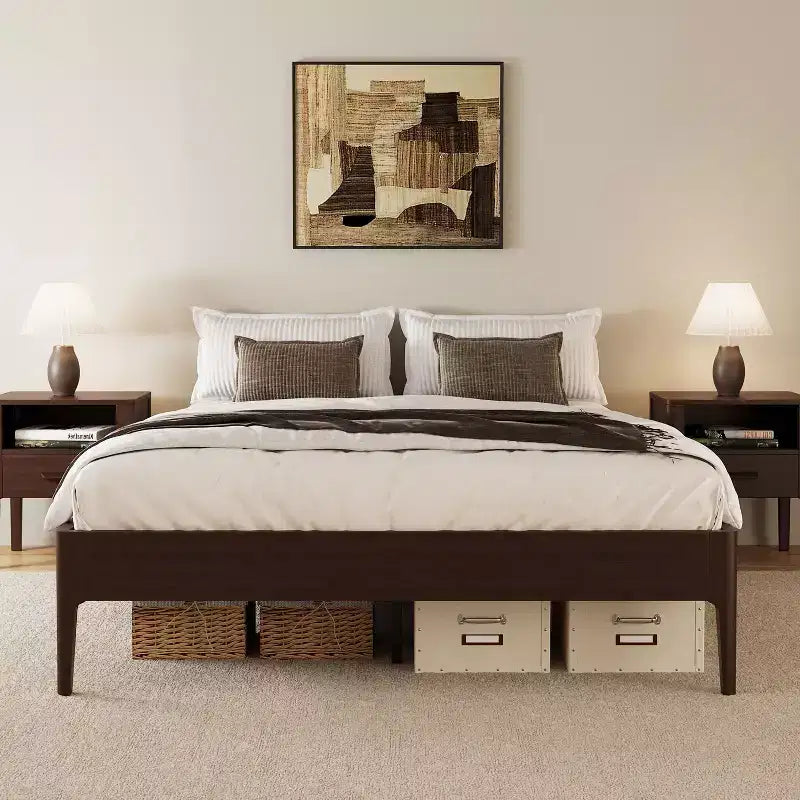 Base de Cama de Plataforma de Bambú Sólido Polibi con Soporte Central de Metal y Almacenamiento Debajo de la Cama