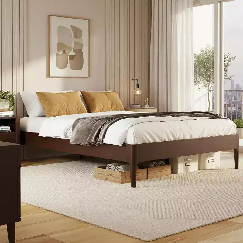 Base de Cama de Plataforma de Bambú Sólido Polibi con Soporte Central de Metal y Almacenamiento Debajo de la Cama