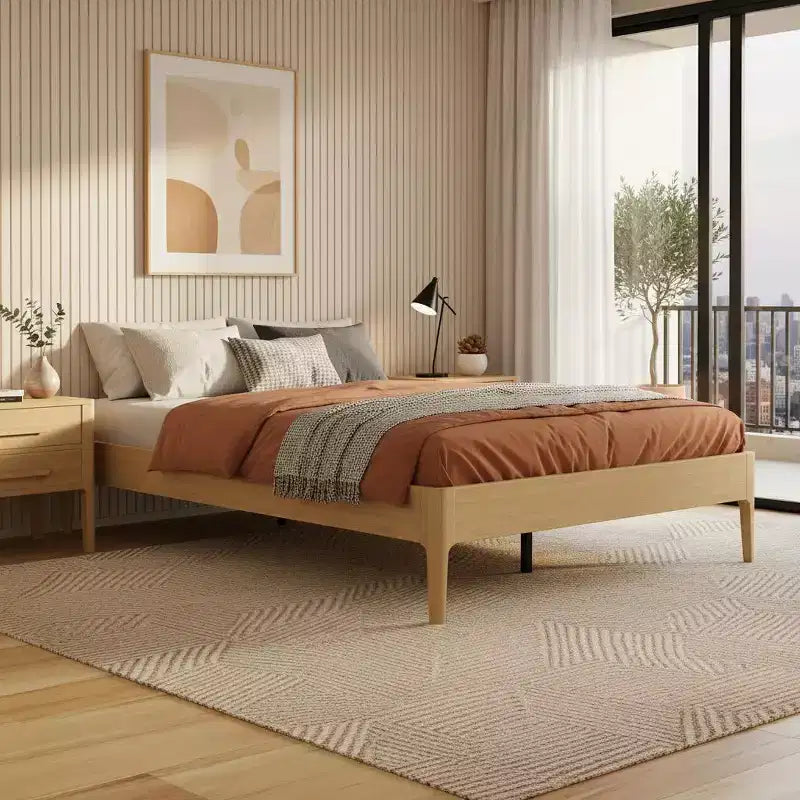 Base de Cama de Plataforma de Bambú Sólido Polibi con Soporte Central de Metal y Almacenamiento Debajo de la Cama