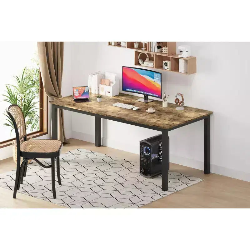 Mesa de comedor industrial de 200 cm para 8 personas, mesa de comedor larga de madera con diseño de espiga y mortaja, mesa de cocina con patas de metal resistentes, para comedor u oficina