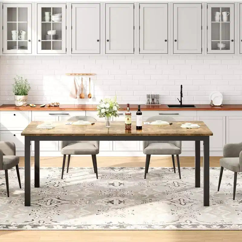 Mesa de comedor industrial de 200 cm para 8 personas, mesa de comedor larga de madera con diseño de espiga y mortaja, mesa de cocina con patas de metal resistentes, para comedor u oficina