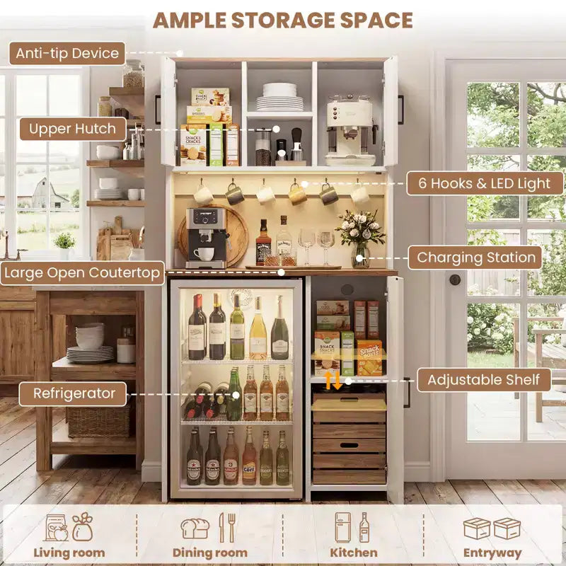 Besiost Armario de despensa de cocina con espacio para mini nevera, mueble de barra de café con estante de almacenamiento