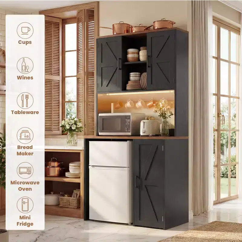 Besiost Armario de despensa de cocina con espacio para mini nevera, mueble de barra de café con estante de almacenamiento