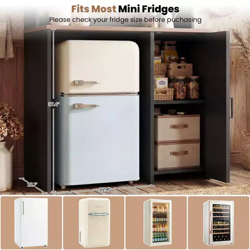 Besiost Armario de despensa de cocina con espacio para mini nevera, mueble de barra de café con estante de almacenamiento