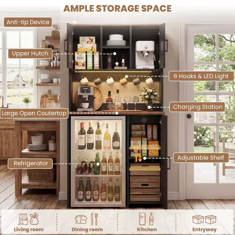 Besiost Armario de despensa de cocina con espacio para mini nevera, mueble de barra de café con estante de almacenamiento