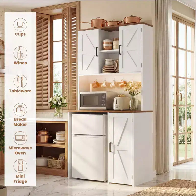 Besiost Armario de despensa de cocina con espacio para mini nevera, mueble de barra de café con estante de almacenamiento