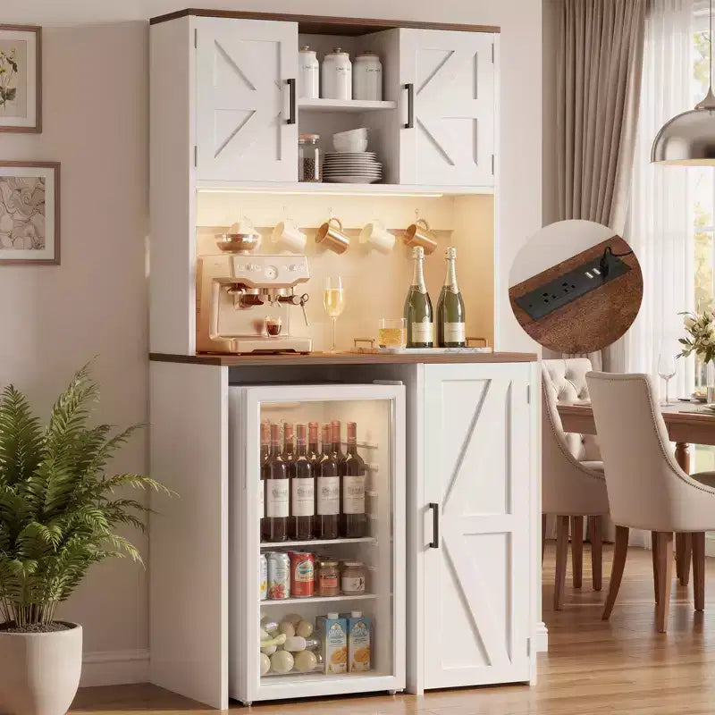 Besiost Armario de despensa de cocina con espacio para mini nevera, mueble de barra de café con estante de almacenamiento