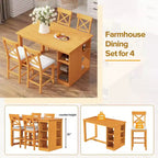 Mesa de comedor de madera maciza FurnitureR para 4 personas con estantes de almacenamiento, mesa de cocina rectangular y 4 sillas para comedor, rincón de desayuno o apartamento