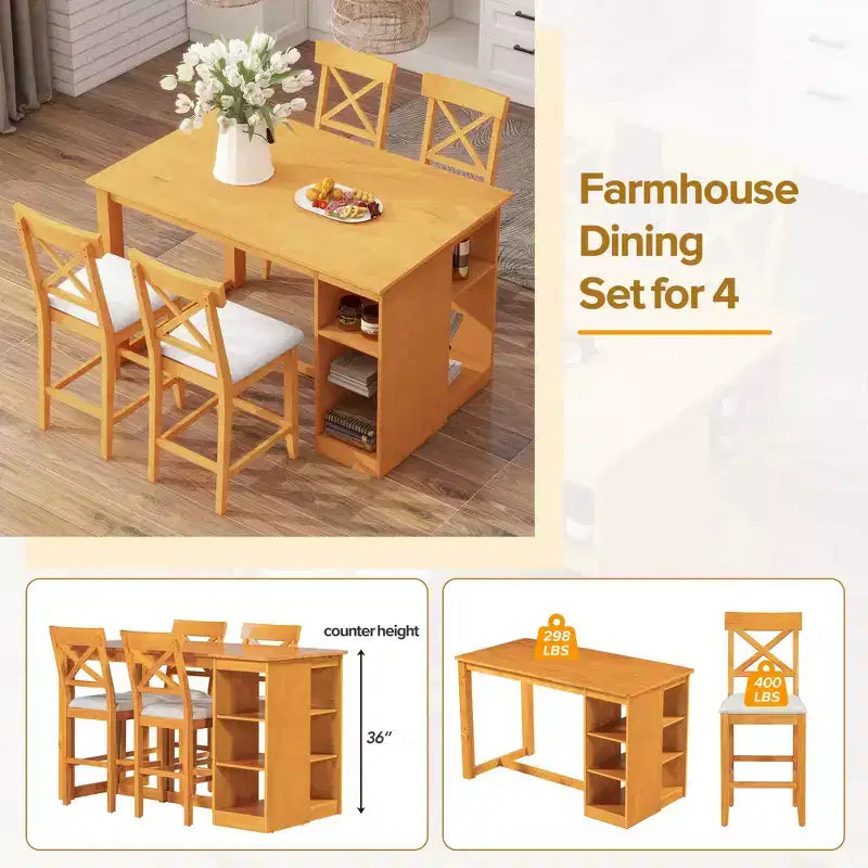 Mesa de comedor de madera maciza FurnitureR para 4 personas con estantes de almacenamiento, mesa de cocina rectangular y 4 sillas para comedor, rincón de desayuno o apartamento