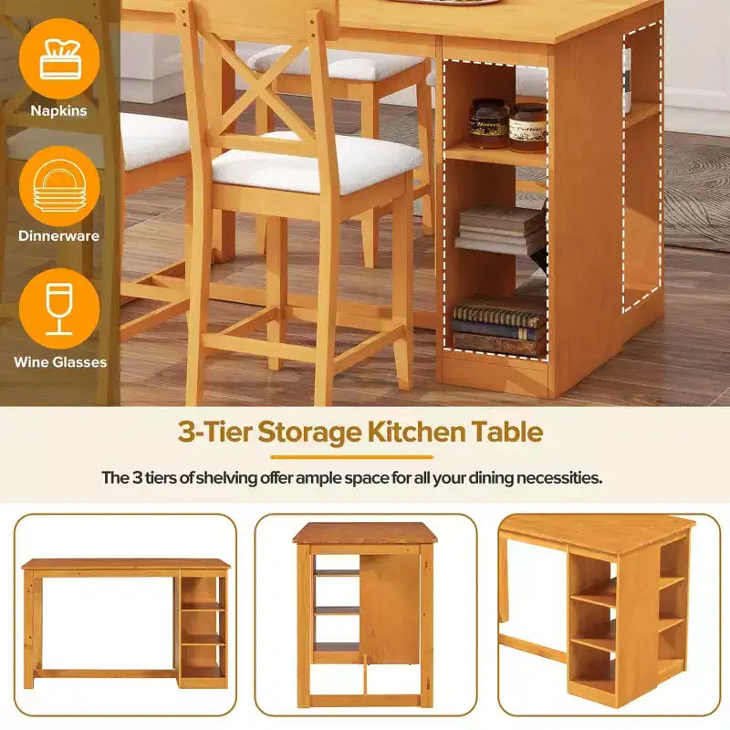 Mesa de comedor de madera maciza FurnitureR para 4 personas con estantes de almacenamiento, mesa de cocina rectangular y 4 sillas para comedor, rincón de desayuno o apartamento